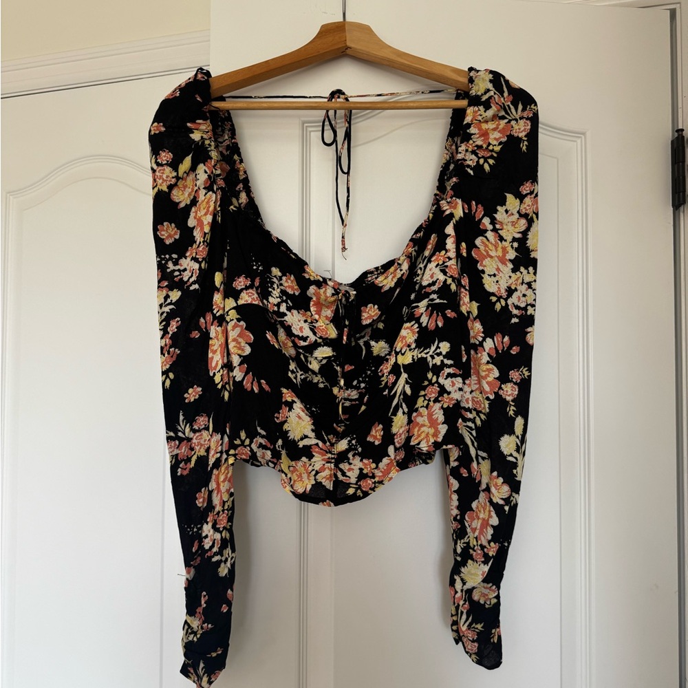 Free People Floral Black Top